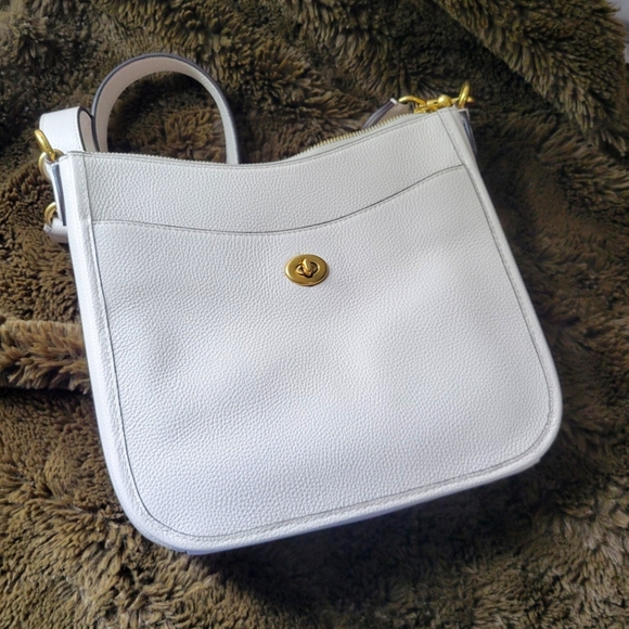 Pebbled Leather Bone Coach Crossbody Bag - Picture 1 of 5